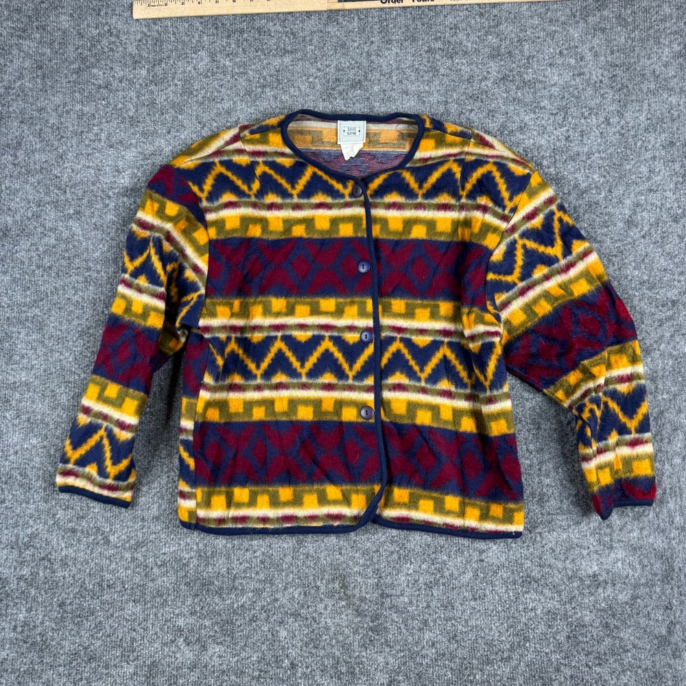 David Wayne Cardigan Womens Size Medium Multicolor Geometric Fleece USA Made